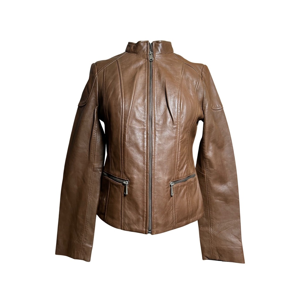 Wilsons Vintage USA Womens Brown Leather Racer Moto Jacket XS Biker‎ Retro Sleek